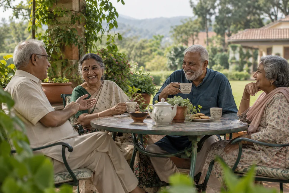 Older friends sharing tea and conversation in a shaded garden.