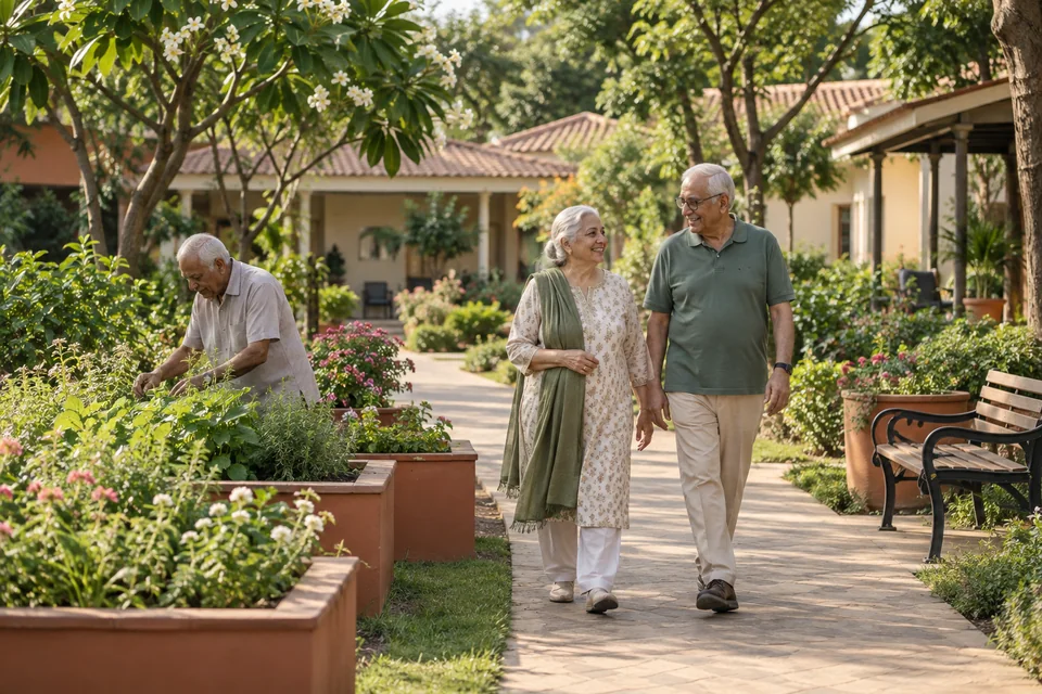 Older adults walking beside raised garden beds and greenery.
