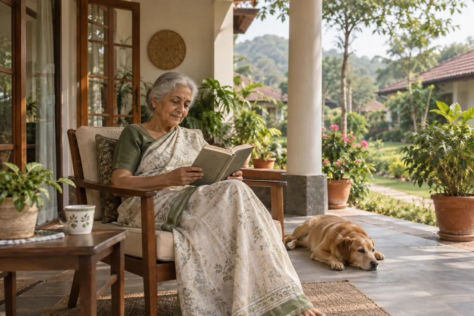 An older woman reading on a peaceful veranda, illustrating independent living.