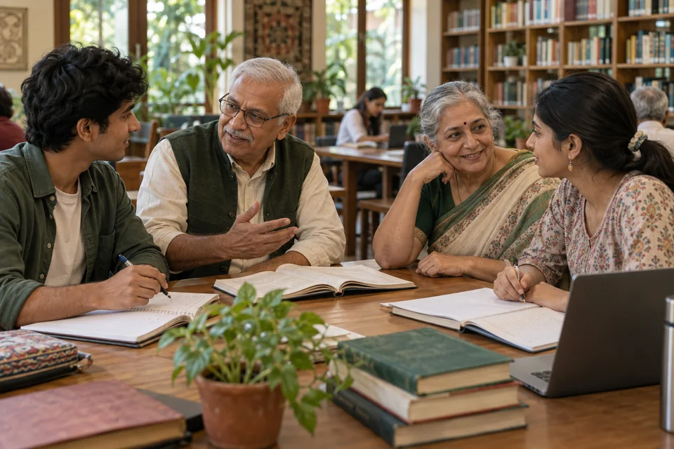 Older adults sharing knowledge with young adults around a library table.
