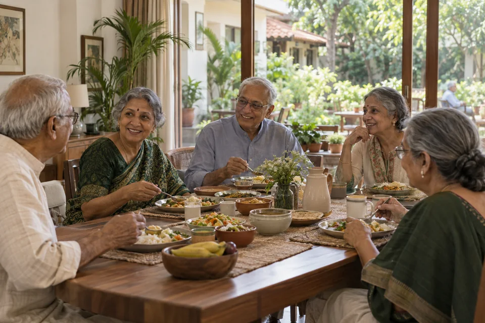 A group of older adults enjoying a shared meal beside a garden.
