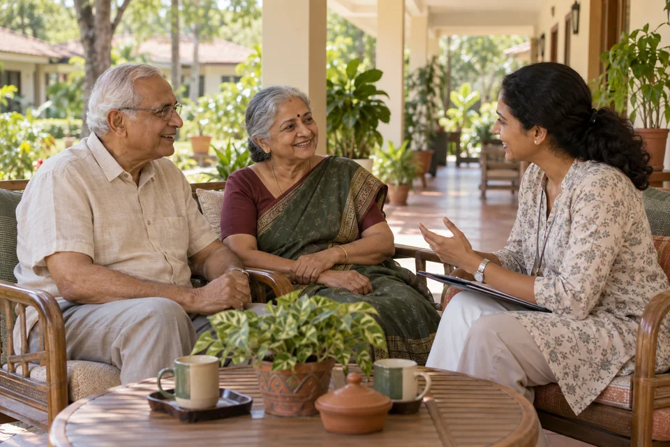 An older couple talking with a visiting health professional on a veranda.